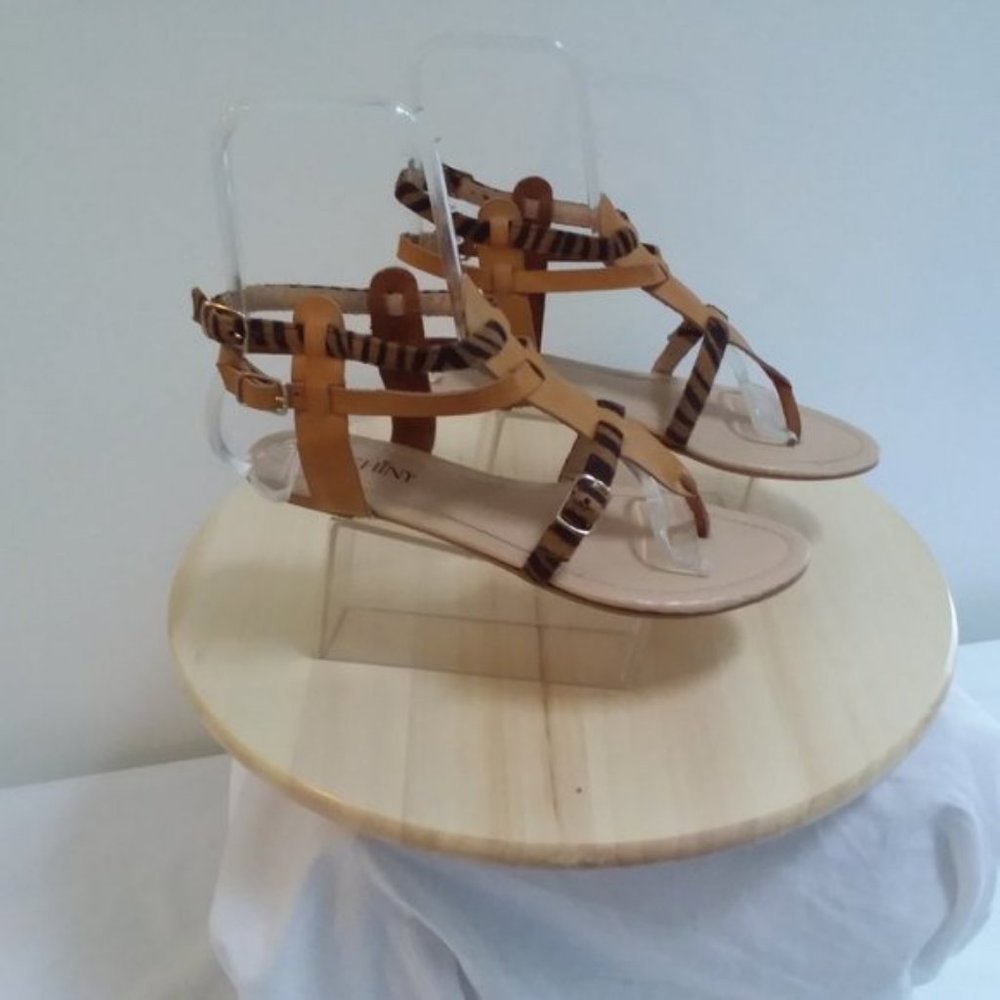 Womens Sandals BROWN Leather Shoes Flat Sz 8 Tiger Stripes Vacation Beach Party